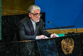 Iran’s Ambassador to the United Nations Amir Saeid Iravani speaks to delegates before a vote on a resolution recognizing Russia must be responsible for reparation in Ukraine at the United Nations Headquarters in New York, U.S., November 14, 2022.