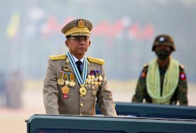 Myanmar's junta leader General Min Aung Hlaing, who ousted the elected government in a coup on February 1, 2021, presides over an army parade on Armed Forces Day in Naypyitaw, Myanmar, March 27, 2021.