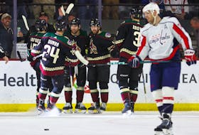 Dec 4, 2023; Tempe, Arizona, USA; Arizona Coyotes left wing Jason Zucker (16) celebrates with teammates after scoring a goal against the Washington Capitals in the first period at Mullett Arena. Mandatory Credit: Mark J. Rebilas-USA TODAY Sports