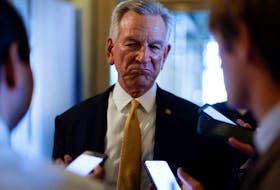 U.S. Senator Tommy Tuberville (R-AL) speaks with reporters on the way to the Senate floor for a procedural vote regarding top military appointees at the U.S. Capitol in Washington, U.S., September 20, 2023. 