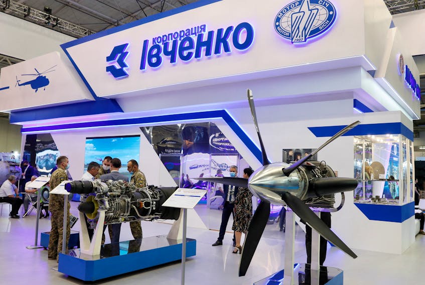 An area of Ukrainian aerospace company Motor Sich and association "Corporation Ivchenko" are seen at the annual exhibition of weaponry and military equipment "Arms and Security 2021" in Kyiv, Ukraine June 15, 2021. 
