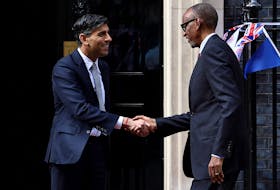 British Prime Minister Rishi Sunak shakes hands with Rwandan President Paul Kagame at Downing Street in London, Britain May 4, 2023.