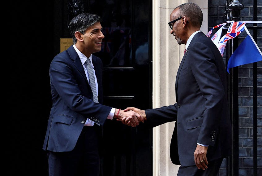 British Prime Minister Rishi Sunak shakes hands with Rwandan President Paul Kagame at Downing Street in London, Britain May 4, 2023.