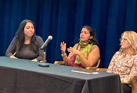 Acadia University president Jeff Hennessy hosted a panel last week on the United Nation's sustainability goal of zero hunger. The interdisciplinary panelists included, from left, Zoe Migicovsky, Chaiti Seth and Lesley Frank.
WENDY ELLIOTT