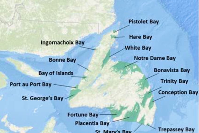 Illustration of specified bays intended to be excluded from the Canada–Newfoundland and Labrador Atlantic Accord Implementation Act for Offshore Renewable Energy.