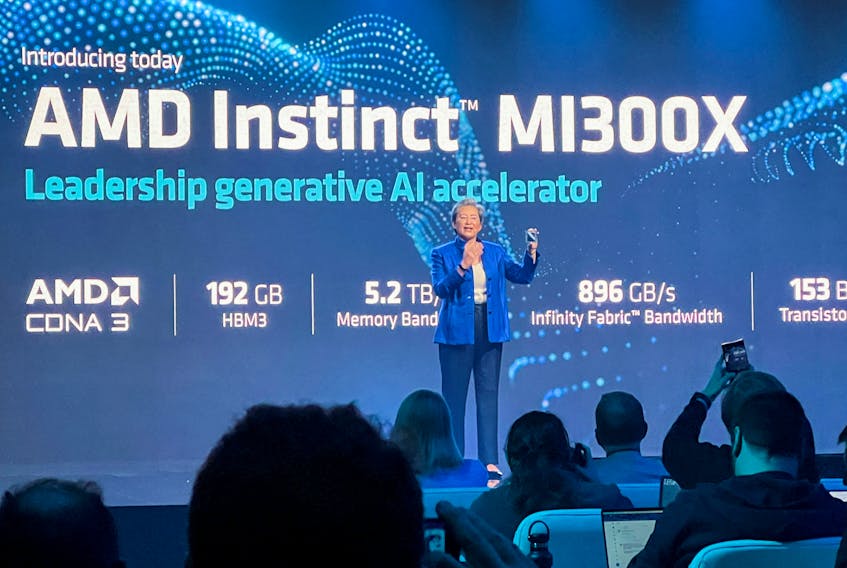 AMD Chief Executive Lisa Su holds the company's new MI300X chip at an event outlining AMD's artificial intelligence strategy in San Francisco, U.S., June 13, 2023.