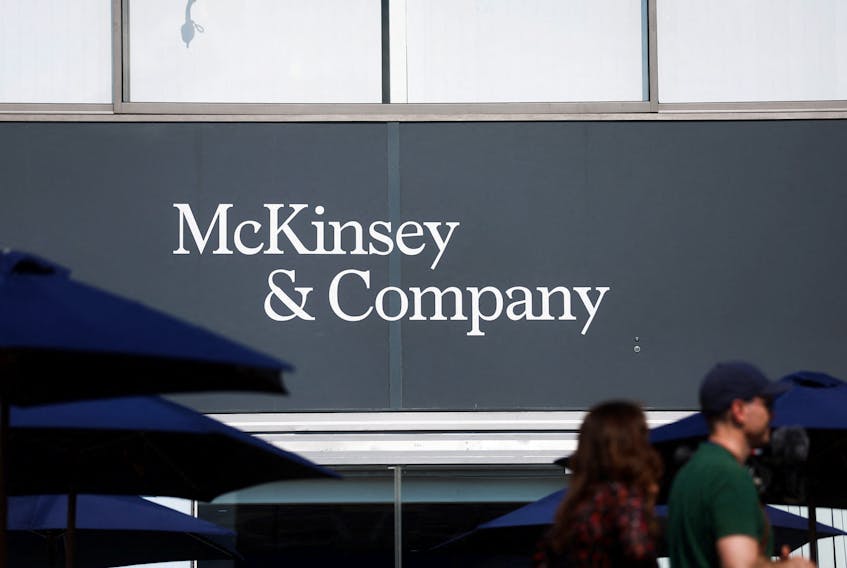 The McKinsey & Company logo is displayed at the 54th International Paris Airshow at Le Bourget Airport near Paris, France, June 21, 2023.