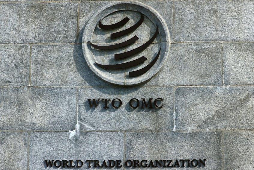 A logo is pictured outside the World Trade Organisation (WTO) in Geneva, Switzerland, September 28, 2021.