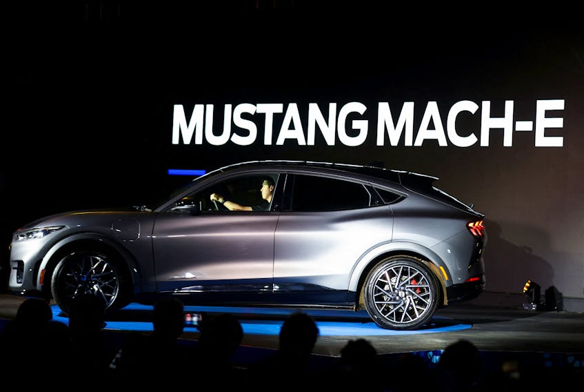 An electric Ford Mustang Mach-E is unveiled during the celebrations of Ford's 100 years of operations, in Pretoria, South Africa, November 8, 2023.