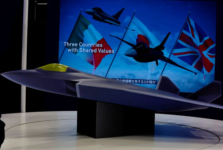 A concept model of the Global Combat Air Programme (GCAP)'s fighter jet is displayed at the DSEI Japan defense show at Makuhari Messe in Chiba, east of Tokyo, Japan March 15, 2023.
