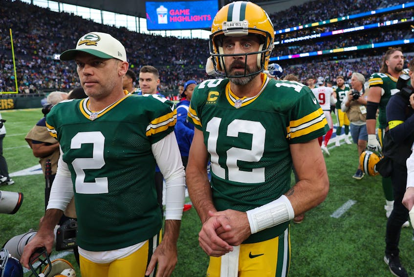 NFL Football - Green Bay Packers v New York Giants - Tottenham Hotspur Stadium, London, Britain - October 9, 2022 Green Bay Packers' Aaron Rodgers and Mason Crosby looks dejected after the match Action Images via Reuters/Matthew Childs/File Photo