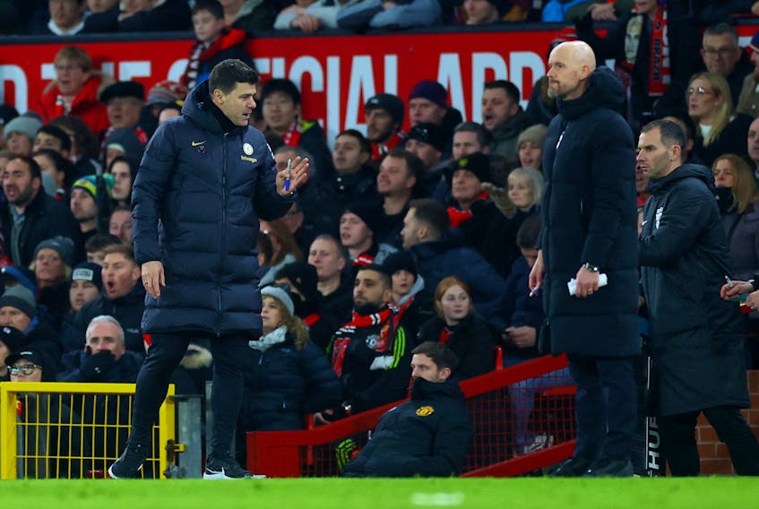 Soccer Football - Premier League - Manchester United v Chelsea - Old Trafford, Manchester, Britain - December 6, 2023 Chelsea manager Mauricio Pochettino and Manchester United manager Erik ten Hag