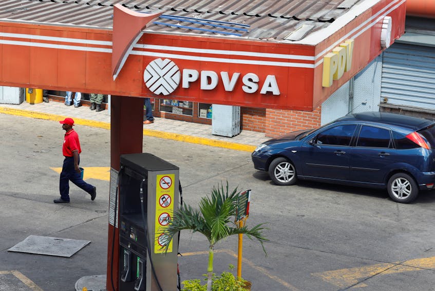The corporate logo of the state oil company PDVSA is seen at a gas station in Caracas, Venezuela November 22, 2017.