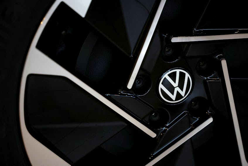 A Volkswagen logo is seen on a hubcap of a Volkswagen ID.3 electric car on display at a showroom of a car dealer in Reze near Nantes, France, November 13, 2023.
