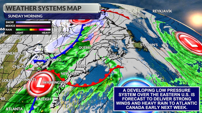 Low-pressure developing this weekend will make for a wet, windy and mild start to next week.