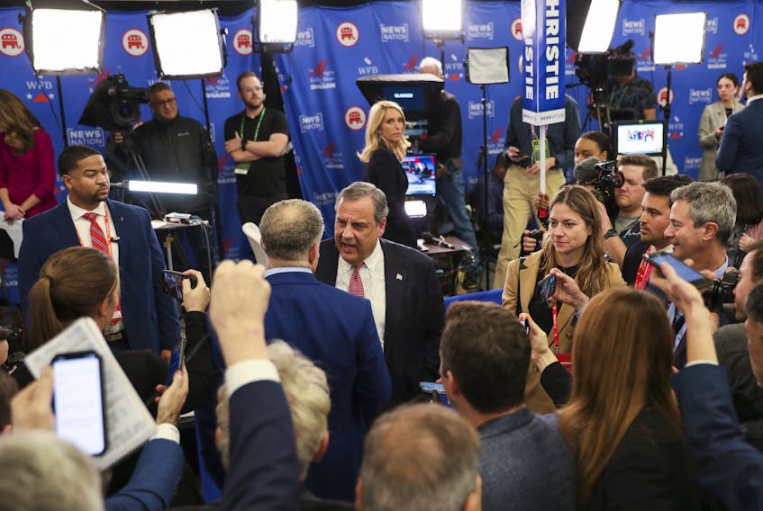 Republican presidential candidate and former New Jersey Governor Chris Christie speaks with reporters after the fourth Republican candidates' debate of the 2024 U.S. presidential campaign hosted by NewsNation at the University of Alabama in Tuscaloosa, Alabama, U.S. December 6, 2023.
