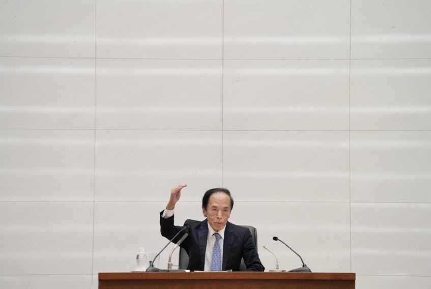 Bank of Japan Governor Kazuo Ueda speaks at a press conference after its policy meeting in Tokyo, Japan October 31, 2023, in this photo taken by Kyodo. Mandatory credit Kyodo via