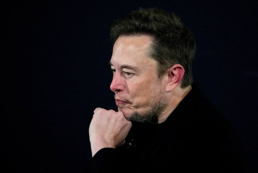 Tesla and SpaceX's CEO Elon Musk pauses during an in-conversation event with British Prime Minister Rishi Sunak in London, Britain, Thursday, Nov. 2, 2023. Kirsty Wigglesworth/Pool via