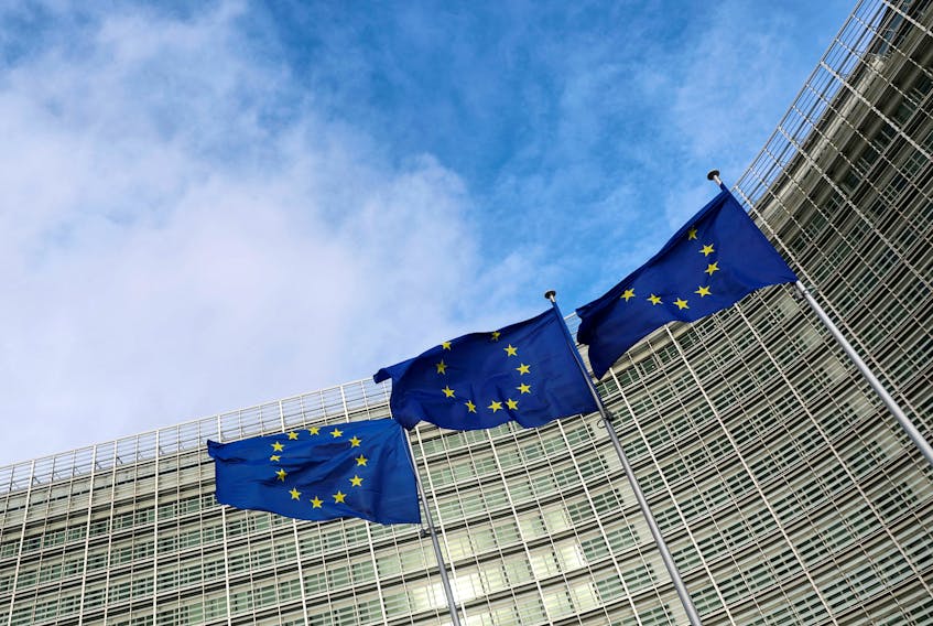 European Union flags fly outside the European Commission in Brussels, Belgium November 8, 2023.