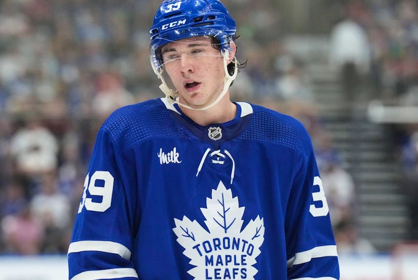 Toronto Maple Leafs' Fraser Minten is pictured during NHL preseason hockey action against the Detroit Red Wings in Toronto, on Thursday, Oct. 5, 2023. 