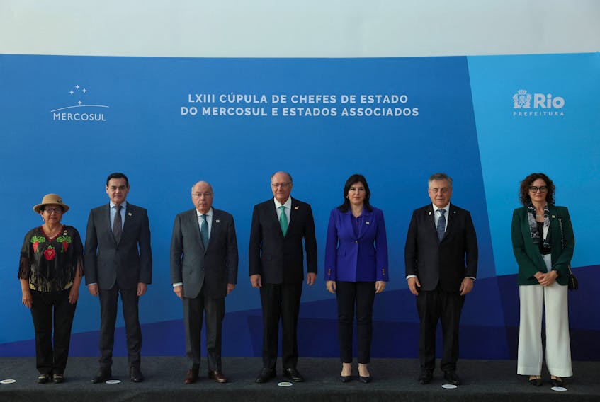Bolivia's Foreign Minister Celinda Sosa Lunda, Paraguay's Foreign Minister Ruben Ramirez, Brazil's Foreign Minister Mauro Vieira, Brazil's Vice President Geraldo Alckmin, Brazil's Minister of Planning Simone Tebet, Uruguay's Foreign Minister Omar Paganini and Argentina's International Affairs Secretary Cecilia Todesca, pose for a group photo during the 63rd Summit of Heads of State of MERCOSUR and Associated States, at the Museu do Amanha (Museum of Tomorrow) in Rio de Janeiro, Brazil December 6, 2023.