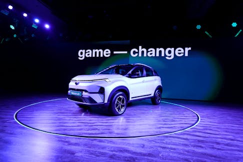 Tata Motors' electric vehicle Nexon.ev is displayed during its launch in New Delhi, India, September 14, 2023.