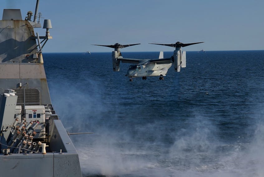 File photo: A U.S. Bell Boeing V-22 Osprey helicopter lands on the USS Mesa Verde ship during the Northern Coasts 2023 exercise in the Baltic Sea, September 18, 2023.