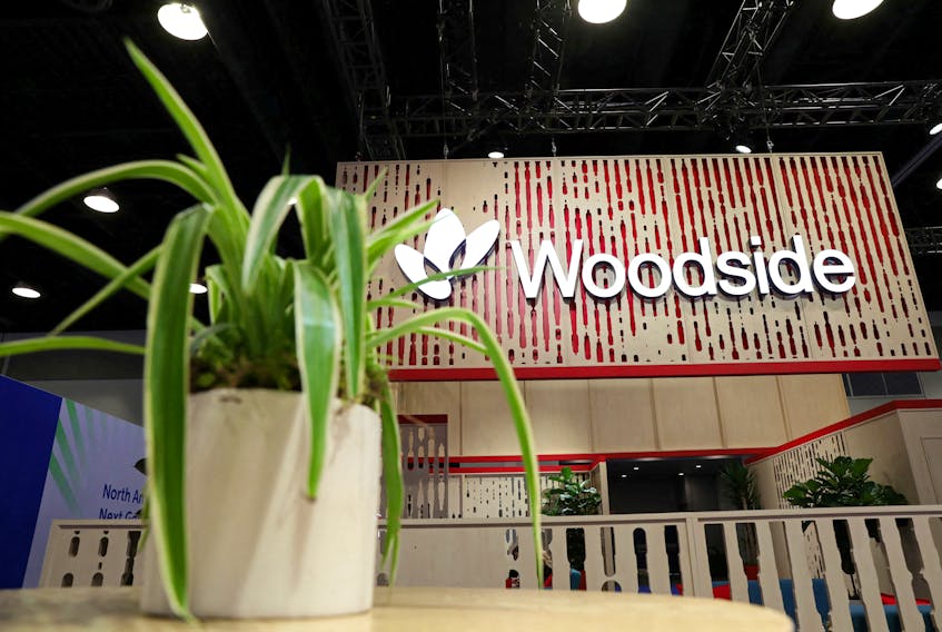 A plant decorates the booth of Australian petroleum exploration and production company Woodside Energy during the LNG 2023 energy trade show in Vancouver, British Columbia, Canada, July 13, 2023.