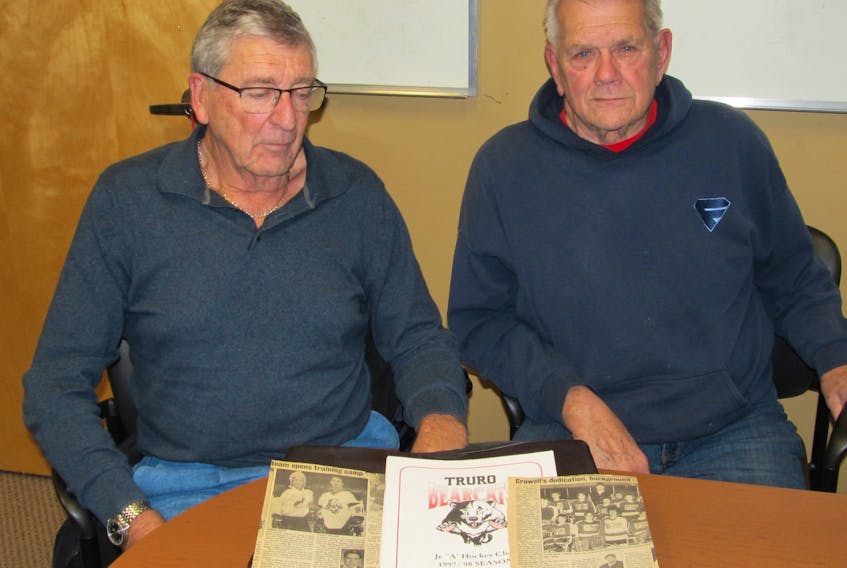 Keith Mackenzie, left, and Gerry Hale during a Truro Bearcats ‘hot-stove league session.' Both men were essential in making the Truro Junior A Bearcats what they are today. Contributed