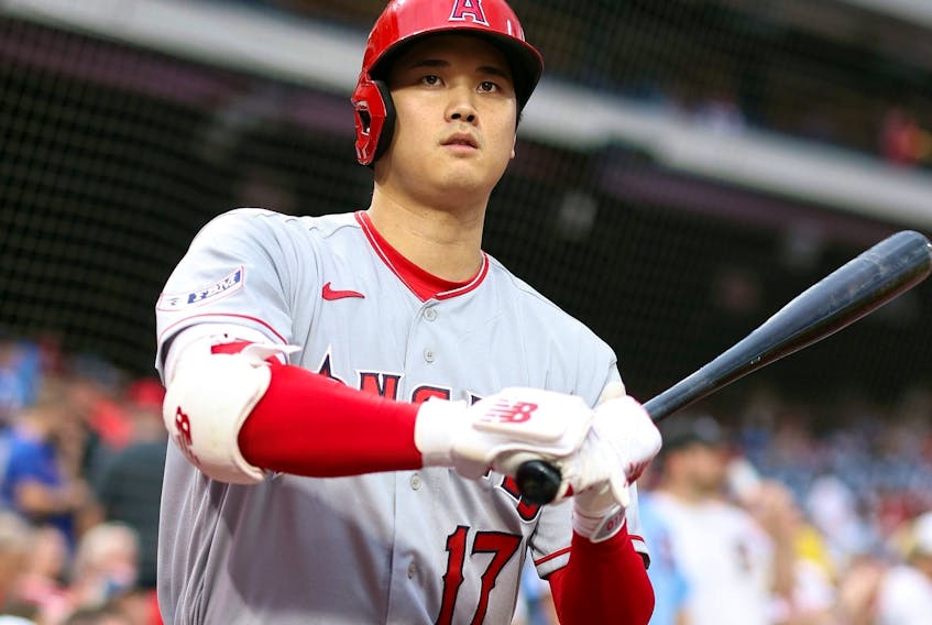 Shohei Ohtani #17 of the Los Angeles Angels looks on before playing against the Philadelphia Phillies at Citizens Bank Park on August 29, 2023 in Philadelphia.  