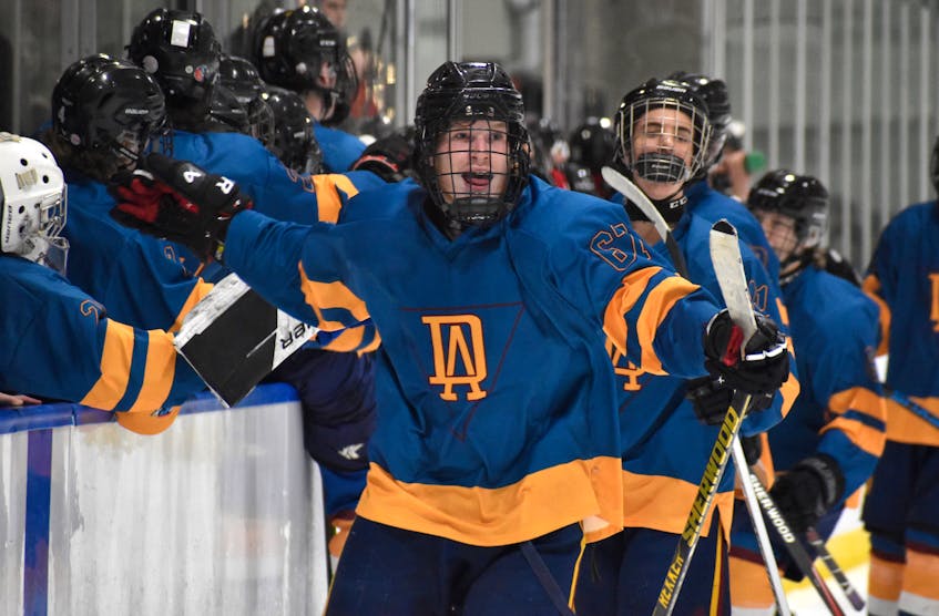 Kenzie Batherson of the Dalbrae Dragons celebrates after scoring a goal against the Glace Bay Panthers during Panther Classic high school hockey action at Miners Forum in Glace Bay on Friday. Dalbrae won the game 4-2. JEREMY FRASER/CAPE BRETON POST.