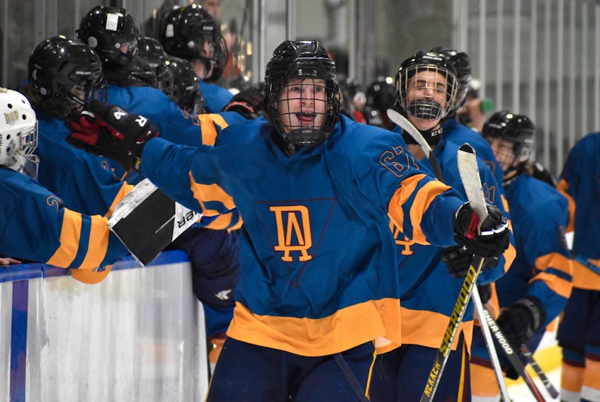 Kenzie Batherson of the Dalbrae Dragons celebrates after scoring a goal against the Glace Bay Panthers during Panther Classic high school hockey action at Miners Forum in Glace Bay on Friday. Dalbrae won the game 4-2. JEREMY FRASER/CAPE BRETON POST.