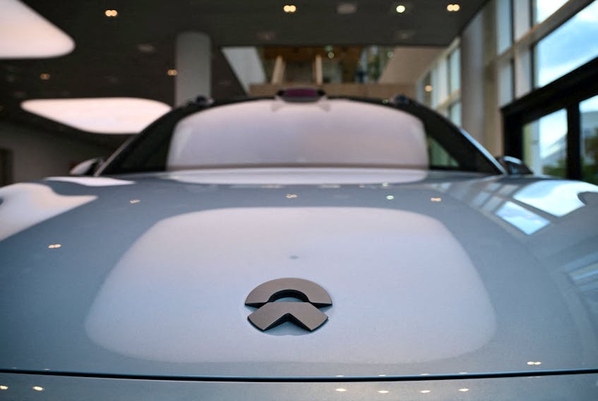The logo of NIO seen on an EL6 car model is pictured at the NIO House, the showroom of the Chinese premium smart electric vehicle manufacture NIO Inc. in Berlin, Germany August 17, 2023.
