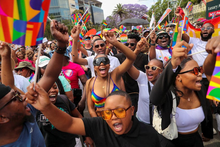 People march in celebration of LGBTQ+ rights at the annual Pride Parade in Johannesburg, South Africa, October 28, 2023.