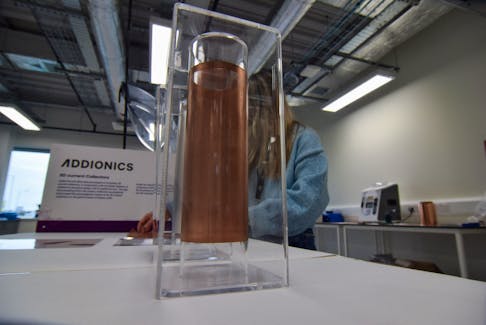 A sample of a porous, three-dimensional copper anode created by Addionics, a startup that develops battery materials for electric vehicles, is at displayed the company's lab in London, Britain, December 5, 2023.