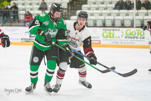 Miramichi Timberwolves’ defenceman Max Jardine (right, wearing No. 7) is playing with Team Canada East in the World Junior A Hockey Challenge at Truro, N.S., through Dec. 17. BRYAN COTE PHOTOGRAPHY