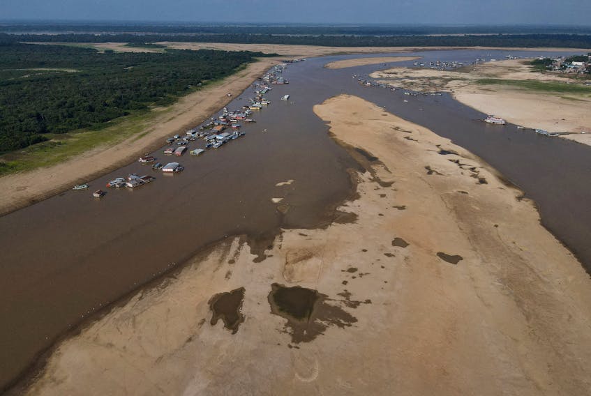 A general view of Tefe lake, which flows into the Solimoes river, that has been affected by the high temperatures and drought in Tefe, Amazonas state, Brazil, October 1, 2023.