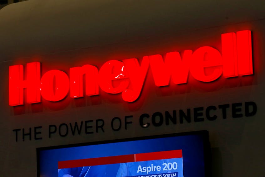 A logo of Honeywell is pictured on their booth during the European Business Aviation Convention & Exhibition (EBACE) in Geneva, Switzerland, May 22, 2017. 