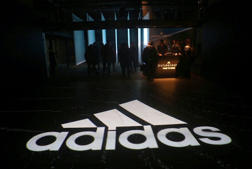 An Adidas logo is seen at the new Futurecraft shoe unveiling event in New York City, New York, U.S. April 6, 2017.