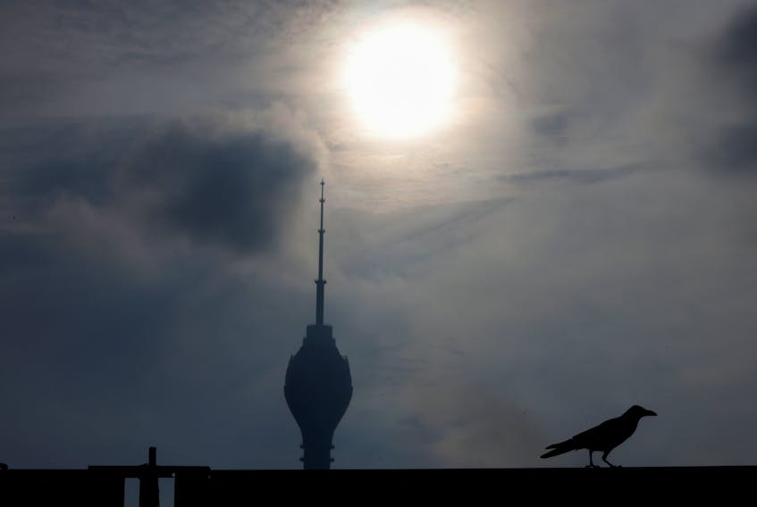 A crow is seen in front of  Lotus Tower, Sri Lanka's tallest building in Colombo, Sri Lanka, July 30 , 2022.