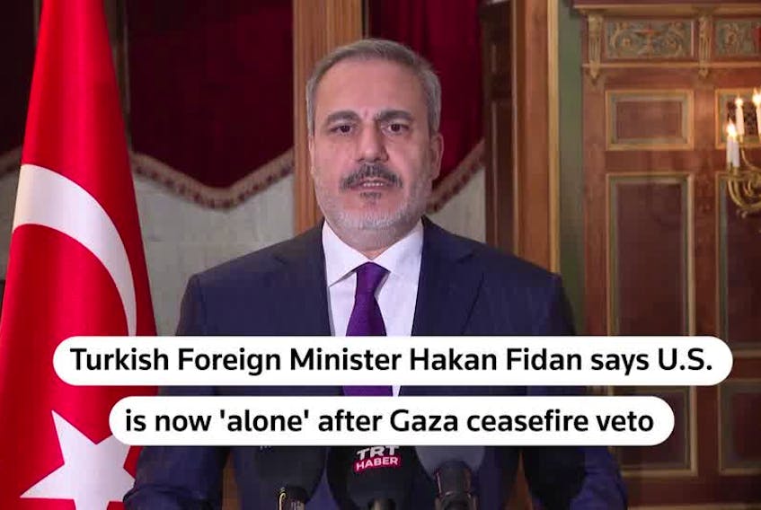 STORY: Fidan's comments, made to Turkish state media after the meeting in Washington, come after the United States vetoed a proposed United Nations Security Council demand for an immediate humanitarian ceasefire in the war between Israel and Palestinian militant group Hamas in Gaza. Britain abstained, while thirteen other members voted in favor of the draft resolution. The United States and