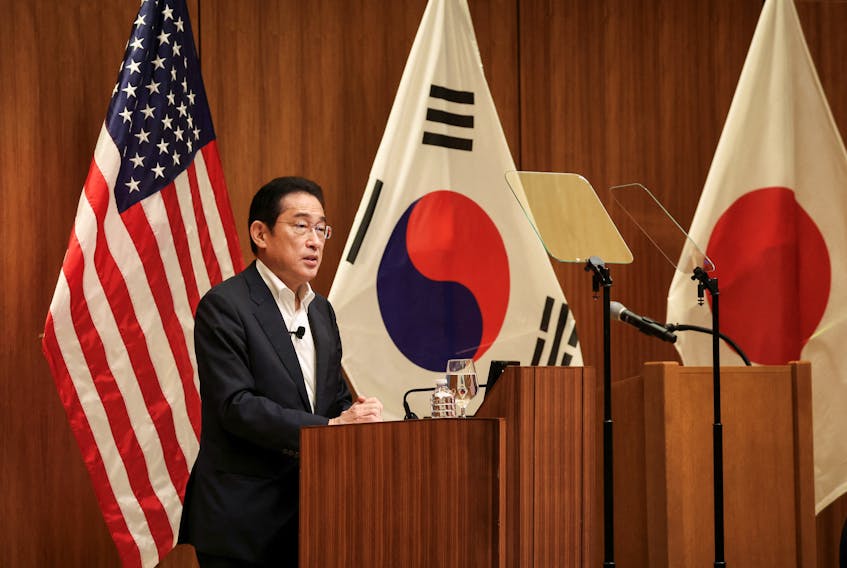 Japan's Prime Minister Fumio Kishida speaks during a summit discussion, on the sidelines of the Asia-Pacific Economic Cooperation (APEC) summit, at the Stanford, California, U.S., November 17, 2023. 