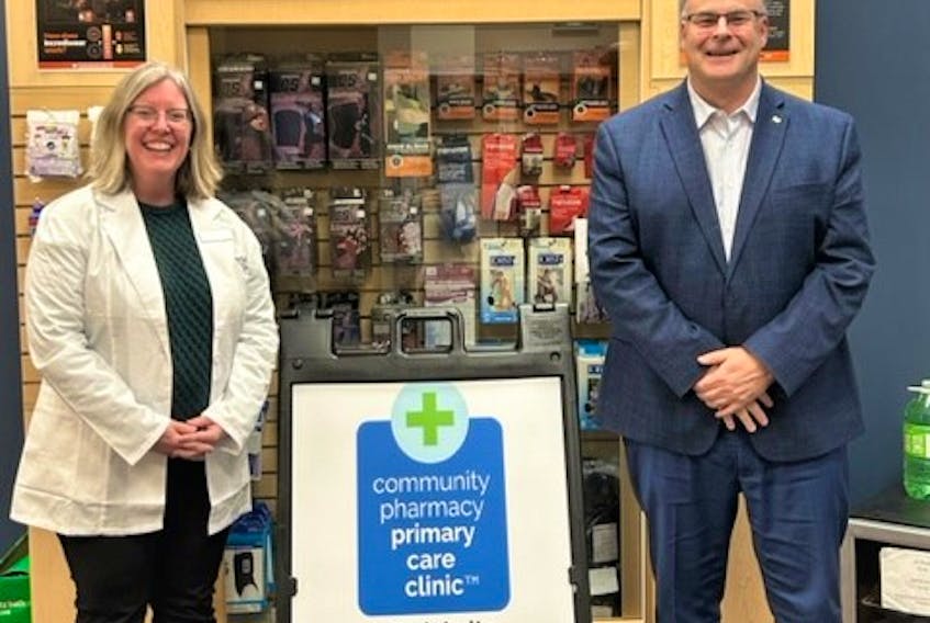 Tera Paley-Walser, pharmacist and owner of the Medicine Shoppe in Truro and Truro-Millbrook-Bible HIll Salmon River MLA Dave Ritcey during the announcement.