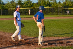 Last summer, third baseman Blake Newell, left, of Plymouth, Yarmouth County, was one of the youngest players with Nova Scotia’s Canada Games baseball team. JOHN MacNEIL