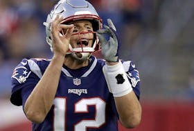 New England Patriots quarterback Tom Brady calls signals at the line of scrimmage during the first half of a preseason NFL football game against the Philadelphia Eagles, Thursday, Aug. 16, 2018, in Foxborough, Mass.