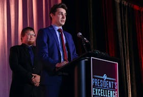 Coltin Handrahan, founder of Stay Golden Custom, speaks to the audience at the Greater Charlottetown Area Chamber of Commerce President’s Excellence Awards on Jan. 25 after receiving the excellence in small business award. George Melitides • The Guardian