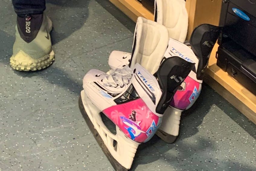 Artwork of Toronto Maple Leafs forward Mitch Marner’s dog riding a shark is included on the skates he will wear at the NHL all-star event in Sunrise, Fla., on Feb. 3-4, 2023.
