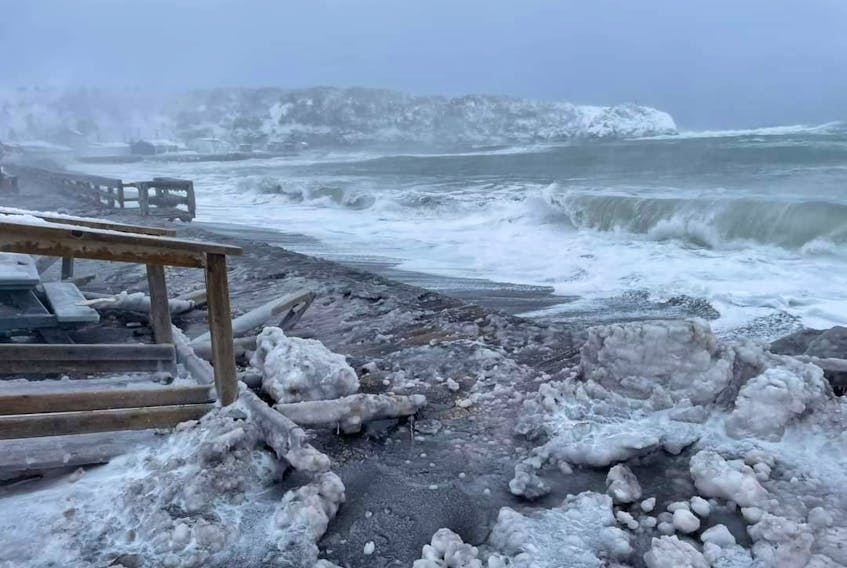 Waves that are increasing in strength and size are continuing to damage to the boardwalk along Main Street in Trout River and more and more are coming up over the road putting the businesses and homes there is danger. Residents fear the town will suffer the same fate as Port aux Basques if something is not done. This picture was taken during the weekend of Feb. 4. – Contributed