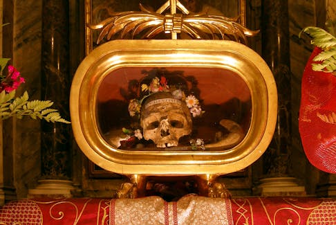 The skull of the a person who possibly was Saint Valentine was put into a reliquary at the basilica of Santa Maria in Cosmedin, Italy.