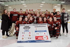 The Holland Hurricanes won the Atlantic Collegiate Hockey Association (ACHA) championship with a 2-1 win over the Acadia Axewomen in Montague on Feb. 12. Members of the Hurricanes are, front row, from left: Meaghan Taylor, Hilary Quilty, Maddy Clapham, Emma Arsenault, Emma MacKinnon, Jordan LeClair and Jacy McMillan. Second row: Abbey Gordon, Kianna Evoy and Alexandra Deschenes. Back row: Keturah Fraser (assistant coach), Meagan Ferguson (head coach), Avery Bradley, Madison Tingley, Livi Lawlor, Hannah DesRoches, Bethany MacDougall, Jessica Desautels, Emma Stuart, Elizabeth Lirette, Eoin Broome (student coach), Gabrielle MacDonald and Nolan Barry (student equipment manager). Contributed
